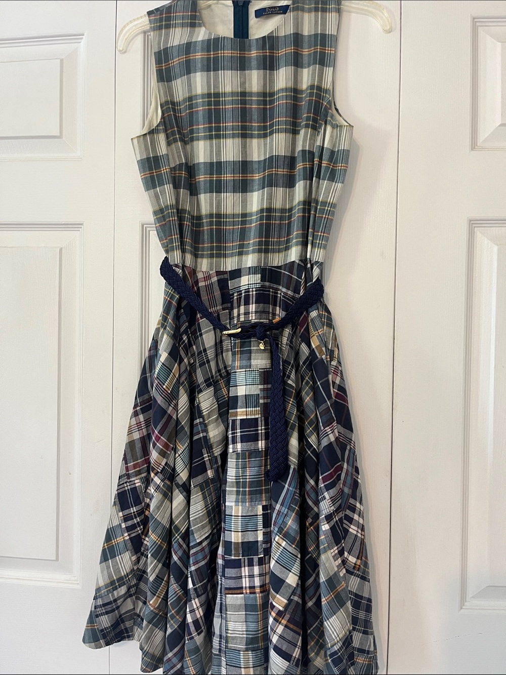 Polo Ralph Lauren Pleated Plaid Sleeveless Dress with Navy Belt